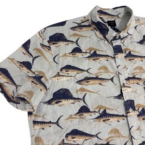 J.Crew Stretch Button Down Shirt Men XL Marlin Sailfish Fish Short Sleeve Pocket